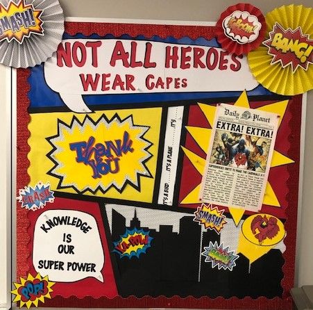 Superheroes Bulletin Board Ideas, Comic Strip Bulletin Board, Teacher Appreciation Week Bulletin Board, Super Hero Bulletin Board Ideas, Hero Bulletin Board, Middle School Classroom Themes, Superhero Bulletin Boards, Superhero Teacher Appreciation, Staff Bulletin Boards