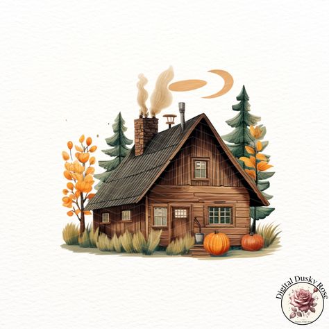 Cottage Clipart, Autumn Cottage, Sweet Drawings, Pumpkin Autumn, Autumn Halloween, Tall Trees, Forest House, More Design, Fall Leaves