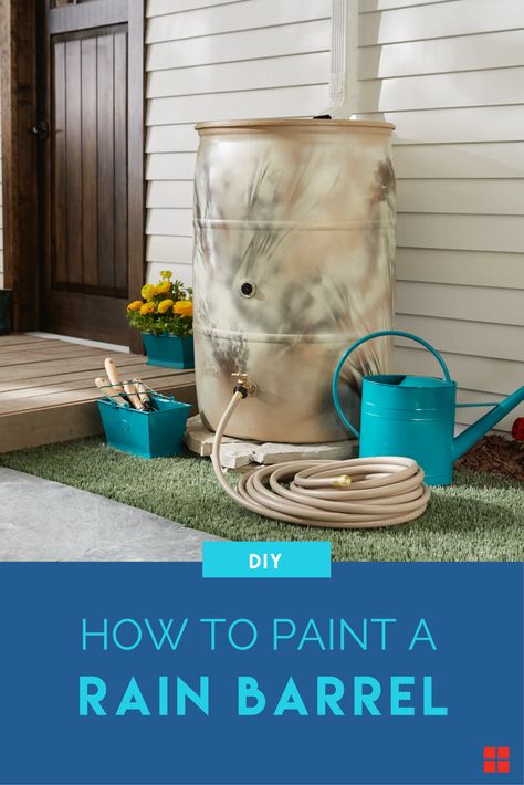 Painted Water Barrel Ideas, Painting Rain Barrels, Painting Rain Barrels Diy, Painting A Rain Barrel, How To Paint A Plastic Rain Barrel, Paint Rain Barrel, Painted Rain Barrels Ideas, Rain Barrel Painting Ideas, Painted Rain Barrels