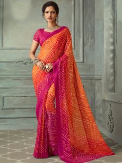 Bandhani Sarees : Buy Bandhej Bandhani Saree Online Printed Chiffon Saree, Bandhani Dress, Flower Print Blouse, Latest Indian Saree, Bandhani Saree, Utsav Fashion, Stylish Sarees, Saree Online, Saree Look