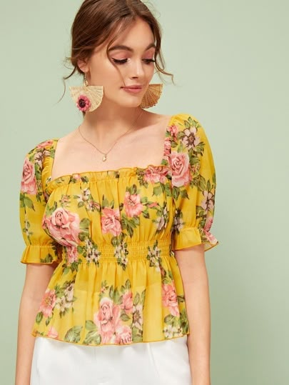 Free Returns ✓ Free Shipping On Orders $49+ ✓. Floral Print Frill Trim Peplum Top- Blouses at SHEIN. Bohemian Fabric, Frill Shorts, High Low Blouse, Short Sleeve Pattern, Women Blouses, Hem Top, Chiffon Shirt, Floral Print Tops, Wrap Blouse