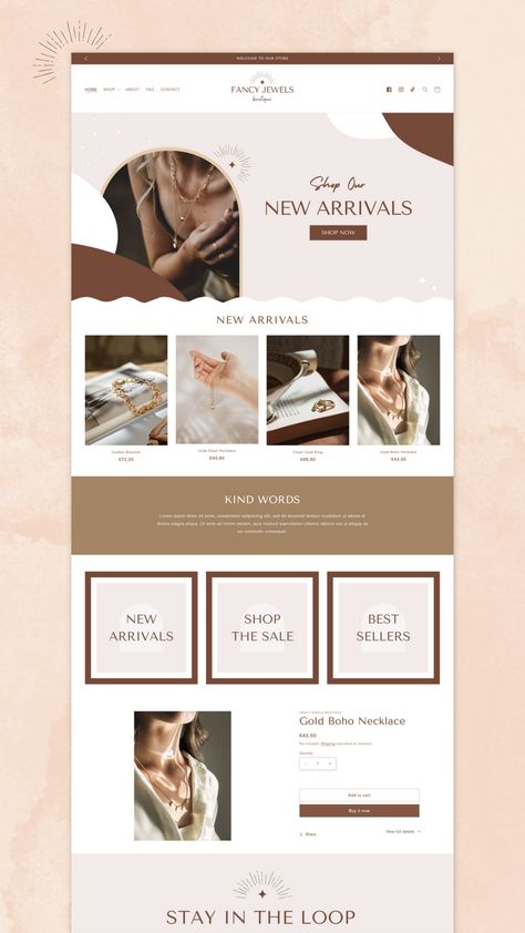 Shopify website design template - Shopify themes - Shopify design inspiration and ideas - online boutique design - ecommerce website - Shopify for beginners - Shopify store - Shopify 2.0 theme - Pink Branding Jewellery Website Designs, Ecommerce Website Header Design, Autumn Website Design, Aesthetic Shopify Website, Website Design Ideas Business, Online Shopping Sites Design, Retail Website Design Inspiration, Jewelry Site Design, Shopify Dawn Theme Design