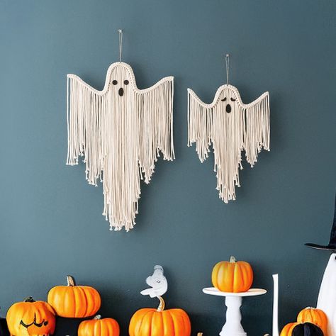 Spooky chic! Elevate your Halloween with our stylish decor. 👻🎃 Discover more of our Halloween Collection at our Esty or contact us directly! #BeanDaikon #MacrameHanger #HomeDecor #FreshVibes #HomeMade #HomeDecor #InteriorDesign #MacrameLove #HomeDecorIdeas #UniqueGifts #HomeDesignInspiration #HandmadeDecor #BohemianChic #BohoWallArt #BohoArt #HalloweenDecor #GhostDecor #PumpkinDecor Goth Tapestry, Spooky Garland, Macrame Ghost, Halloween Macrame, Felt Ghost, Gothic Decor Bedroom, Ghost Decor, Witchy Gifts, Macrame Home Decor