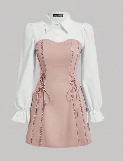 Pink Dress Collar, Cute Dresses With Long Sleeves, Fantasy Dress Casual, Camisa Aesthetic, Cute Pink Clothes, Pink Dress Elegant, Pink White Outfit, Rich Dresses, Pink And White Outfit