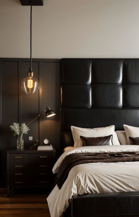 Masculine Bedroom Aesthetic, Modern Masculine Bedroom, Modern Mens Bedroom, Industrial Style Bedside Table, Edison Bulb Pendant Light, Masculine Bedroom Design, Men's Bedroom, Motorcycle Poster, Bedroom 2024