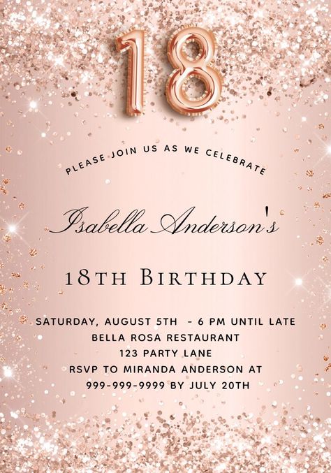 18th birthday rose gold blush glitter dust invitation Invitation For 18th Birthday, 18th Birthday Invitation, Birthday Rose Gold, Elegant Birthday Invitations, Confetti Invitation, Birthday Invitation Card Template, Birthday Invitation Card, Rose Gold Invitations, Birthday Roses