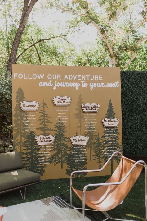 National park themed wedding with unique forest seating chart and mid-century modern furniture in the cozy guest lounge Modern Woodland Wedding, National Park Inspired Wedding, National Park Wedding Guest Book, Wedding National Park Theme, Outdoorsy Wedding Theme, Outdoorsy Themed Wedding, Wedding Adventure Theme, National Park Seating Chart, Mountain Seating Chart