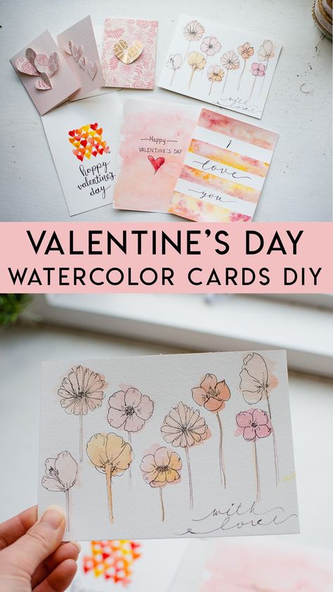 Cute Watercolor Valentine Cards, Art Valentines Cards, Calligraphy Valentines Cards, Valentine Watercolor Bookmarks, Valentines Card Ideas Diy, Homemade Valentine Cards For Him, Water Colour Valentine’s Day Cards, Making Valentines Cards, Valentine Cards Handmade Watercolor