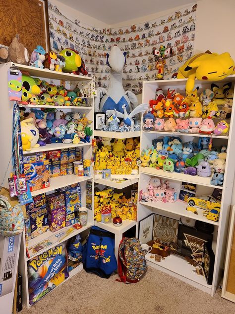 Collectors Room Ideas, Black Hair Green Eyes, Pokemon Room, Old Pokemon, Pokemon Video Games, Nerf Toys, Dorm Room Inspiration, Pokemon Toy, Pokemon Collection