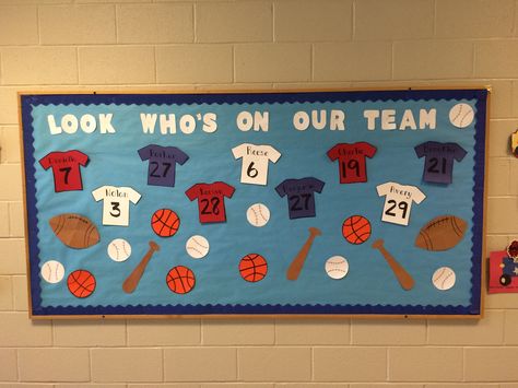 Sport Team Bulletin Boards, Classroom Door Sports Theme, Sports Bulletin Boards Team Theme, Sports Theme Door Decorations Classroom, Sport Themed Bulletin Boards, Back To School Sports Theme, Ball Bulletin Board Ideas, Sports Door Decorations Classroom, Baseball Theme Bulletin Board Ideas