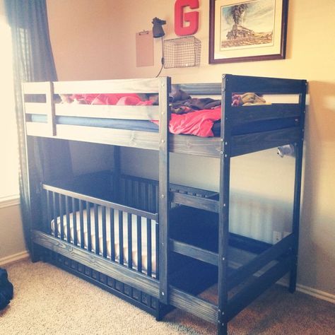 two cribs and loft bed guest room | Boys room progress shot. Bunk bed with crib underneath. Bunk Bed With Crib Underneath, Bunk Bed With Crib, Bed With Crib, Ikea Bunk Bed, Bunk Beds Boys, Toddler Bunk Beds, Bunk Bed Plans, Bunk Bed Mattress, Loft Bunk Beds