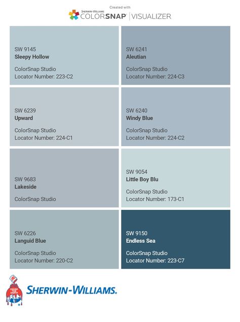 I just created this color palette with the Sherwin-Williams ColorSnap® Visualizer app on my Android phone. What do you think? You can learn more about ColorSnap Visualizer and get it on your phone free by visiting https://www.sherwin-williams.com/content/colorsnap.html. Sherwin Williams Blue Shutters, Blue Colors Sherwin Williams, Subtle Blue Paint Colors, Bathrooms With Blue Walls, Light Blue Paint Colors Sherwin Williams, Sherwin Williams Lakeside Paint Color, Sherwin Williams Nautical Colors, Sherwin Williams Aleutian Blue, Dutch Tile Blue Sherwin Williams Bedroom