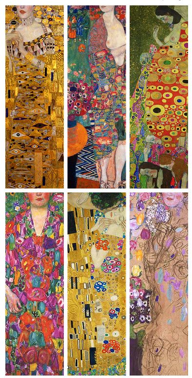 Portraits of women by Gustav Klimt after 1900 almost resemble mosaics. The term AESTHETIC DECORATION is used mostly to describe this. It’s use means that there is no reference to the sitter’s location, family, interests, etc, as mainly their hands, face and decolletage are the only things peeking out of the geometrical patterns that surround them. Portraits Of Women, Gustav Klimt Art, Aesthetic Decoration, Istoria Artei, Klimt Paintings, Klimt Art, Realistic Rose, Arte Inspo, Gustav Klimt