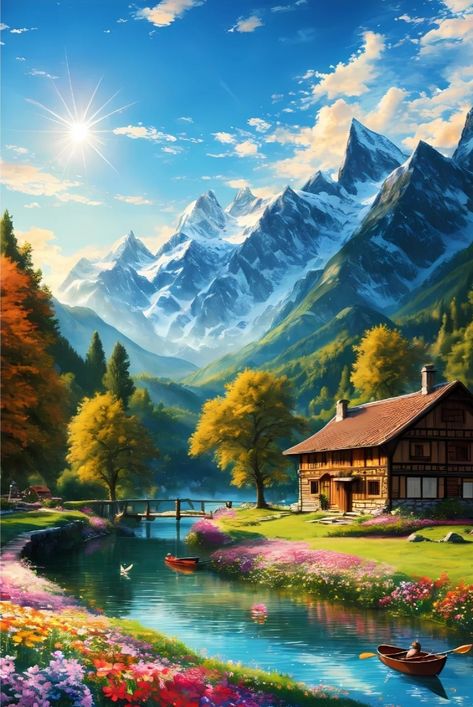 Snow Mountain Landscape, Art Painting Diy, Beautiful Paintings Of Nature, Reka Bentuk Grafik, Mountain Landscape Painting, Diy Broderie, Scenery Paintings, Diamond Art Painting, Beautiful Art Paintings