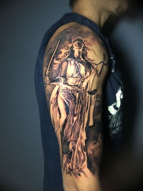 Themis Tattoo Design, Justice Tattoo Men, Lady Of Justice Tattoo, Blind Justice Tattoo, Lady Justice Tattoo Design, Themis Tattoo, Ali Pic, Lady Justice Tattoo, Greek Goddess Tattoo