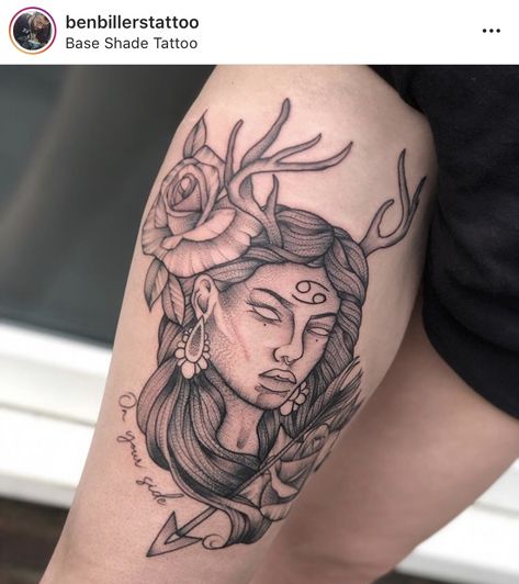 Goddess Of The Hunt Tattoo, Cancerian Goddess Tattoo, Greek Goddess Tattoo Artemis, Goddess Of The Moon Tattoo, Moon And Nature, Baddie Tats, Artemis Tattoo, Witchcraft Tattoos, Headdress Tattoo