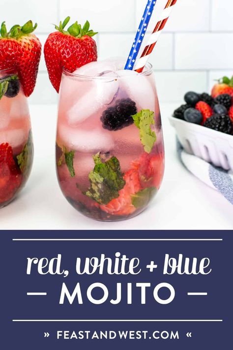 Mix up a Red, White and Blue Mojito for all the patriotic holidays ahead this summer! Rum, berries, mint and lime make for the best firework-watching beverage. It's a wonderful cocktail for July 4, Memorial Day or any time you want a berry mojito! (via feastandwest.com) 4th Of July Mojito Recipe, 4th Of July Mojito, Fourth Of July Batch Cocktails, Fourth Of July Mojito, 4th Of July Big Batch Cocktails, Big Batch 4th Of July Cocktails, July 4 Cocktails, 4th Of July Batch Cocktails, 4th Of July Cocktails Pitcher