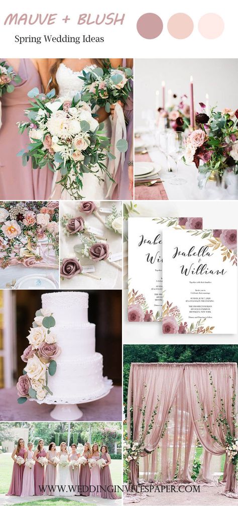 Mauve Wedding Color Schemes, Mauve Blush Champagne Wedding, Mauve Garden Wedding, Light Spring Wedding Colors, Modern Mauve Wedding, Dusty Rose And Mauve Wedding Centerpiece, Rustic Mauve Wedding, Mauve Table Setting Wedding Ideas, Mauve Wedding Theme Color Palettes