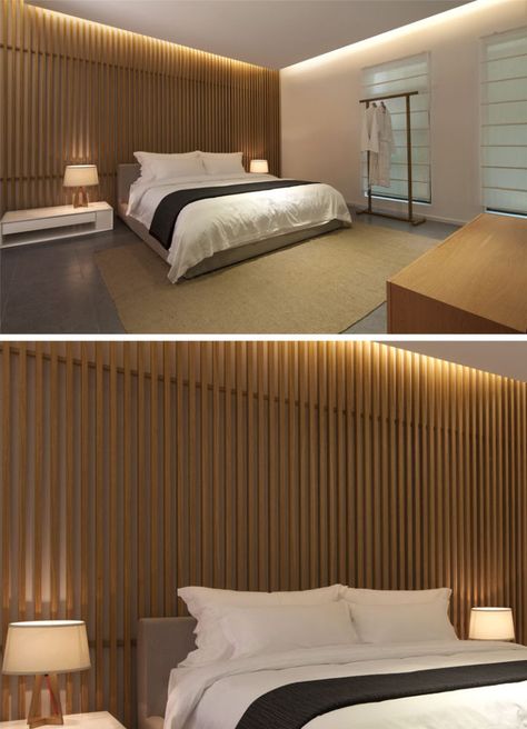 Wall Design Idea - Create A Wooden Slat Feature Wall Wood Slat Accent Wall, Slat Accent Wall, Wall Bed Designs, Wood Walls Bedroom, Beautiful Bedroom Designs, Modern Apartment Design, Wood Slat Wall, Wood Interior Design, Bedroom Wall Designs