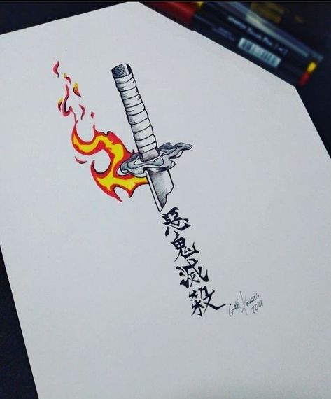 Traumatized Tattoo, Anime Tattoo Designs Demon Slayer, Anime Tattoo Demon Slayer, Anime Tattoos Demon Slayer, Rengoku Tattoo Ideas, Set Your Heart Ablaze Tattoo, Demon Slayer Tattoo Design, Katanas Japonesas Tattoo, Demon Slayer Tattoos