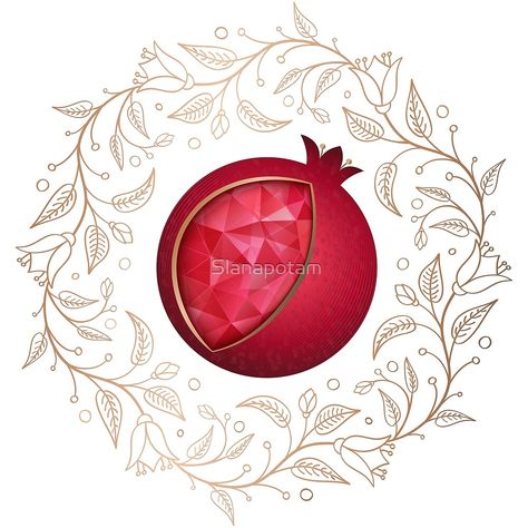 "RIPE POMEGRANATE in the golden leaves wreath" by Slanapotam | Redbubble Yalda Design, Pomegranate Brooch, Glaze Painting, Pomegranate Art, Simpsons Drawings, Valentines Illustration, Leaves Wreath, Banksy Art, Wallpaper Iphone Christmas