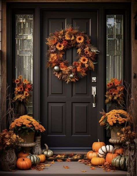 Fall Hallway Decor, Fall Porch Decorating Ideas Front Doors, Thanksgiving Porch Decorations, Autumn Front Porch Decor, Autumn Porch Decor, Thanksgiving Porch, Fall Porches, Halloween Entryway, Autumn Porch