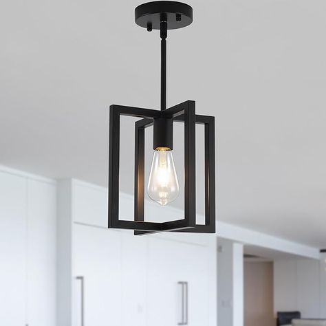 Bosomfr 1-Light Ceiling Light Fixture,Black Semi-Flush Mount Chandelier with Geometric Metal Shade,E26 Base Farmhouse Square Cage Ceiling Lamp for Kitchen,Dining Room, Living Room,Bedroom - Amazon.com Semi Flush Mount Chandelier, Lamp For Kitchen, Lamps For Kitchen, Black Light Fixture, Ceiling Light Fixture, Light Ceiling, Semi Flush Mount, Dining Room Living Room, Light Fixture