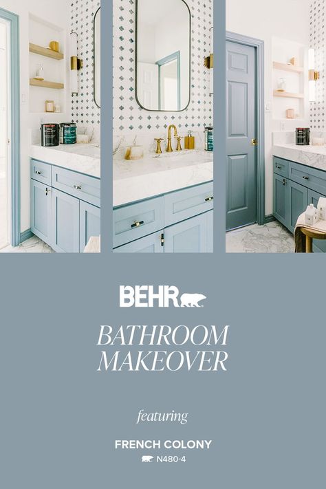 Behr French Colony Bedroom, Behr French Colony Paint, Blue Paint Bathroom Ideas, French Colony Behr, French Colony Behr Paint, Behr French Colony, Behr Palette, Behr Paint Colors Blue, Blue Paint Bathroom