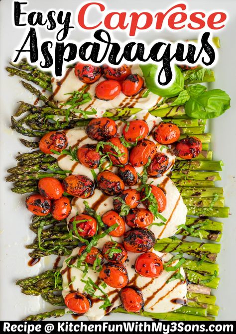 This recipe for Caprese Asparagus is a crowd-pleaser! The crisp roasted asparagus pairs perfectly with blistered tomatoes, melted mozzarella, and fresh basil. Caprese Asparagus, Recipes With Mozzarella Cheese, Blistered Tomatoes, Mediterranean Appetizers, Best Asparagus Recipe, Spring Appetizers, Asparagus Casserole, Asparagus Recipes Roasted, Caprese Recipes