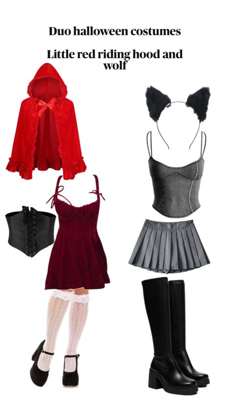 Girls Halloween costume inspo spooky season fall Girl Duo Costumes, Halloween Duo Costume, Duo Costume Ideas, Red Hood Costume, Red Riding Hood And Wolf, Little Red Riding Hood Halloween, Wolf Halloween Costume, Halloween Duo, Red Riding Hood Wolf