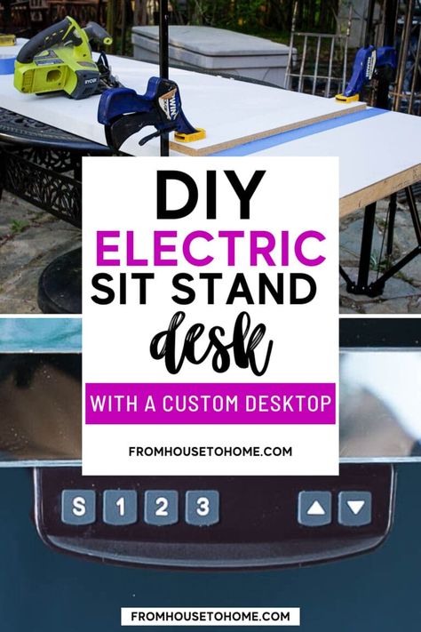 Learn how to build your own DIY electric sit stand desk with a custom desktop that matches your design style and saves you money. Corner Standing Desk, Blue Home Offices, Diy Furniture Makeover Ideas, Electric Sit Stand Desk, Electric Desk, Sewing Room Storage, House To Home, Desktop Design, Electric Standing Desk