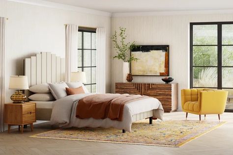 24 Cozy & Comfortable Bedroom Designs You'll Want to Try | Wayfair Different Size Beds, Modern Interior Design Ideas, Yellow Accent Chairs, Black Bathtub, Woven Furniture, Cozy Design, New Bed, Comfortable Bedroom, Types Of Beds