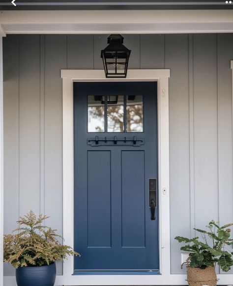 Steel Blue Front Door, Light Blue House Door Color Ideas, Light Blue Door, Blue Door House, Bold Front Door Colors, House Doors Colors, Light Blue Houses, Remodel Entryway, Hamptons House Exterior