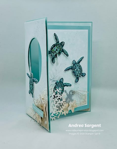 Coastal Cabana Sea Turtle Stampin Up card, by Andrea Sargent, Australian Independent Stampin’ Up! Demonstrator, Adelaide foothills, South Australia Stampin Up Tahitian Tide Color Combo, 2024 Stampin Up Cards, Stampin Up Cards 2024, Stampin Up Sea Turtle, Enchanted Ocean, Turtle Cards, Seaside Cards, Beachy Cards, Sea Cards