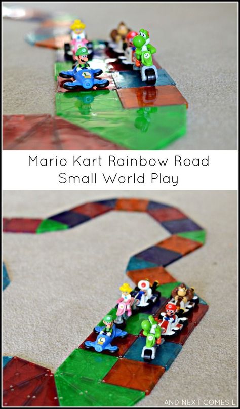 Mario Kart Rainbow Road small world play for kids using Magna-Tiles from And Next Comes L Mario Preschool Activities, Super Mario Activities For Kids, Mario Activities, Mario Kart Rainbow Road, Magnatiles Ideas, Rainbow Road Mario Kart, Picasso Tiles, Game Activities, Magnetic Blocks