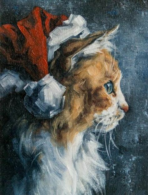 Cat Oil Painting, Santa Paintings, Portrait Animal, Santa Claws, 강아지 그림, Holiday Painting, Winter Painting, Christmas Canvas, Christmas Cat