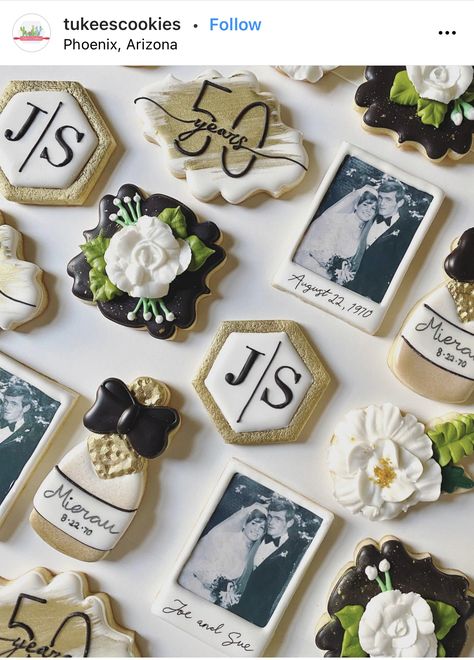 Classy Anniversary Party Ideas, Golden Anniversary Party Ideas, 50th Anniversary Cookies Decorated, 50th Wedding Anniversary Cookies, Anniversary Cookies Decorated, 50th Anniversary Cookies, Cookie Themes, Anniversary Brunch, Anniversary Party Ideas