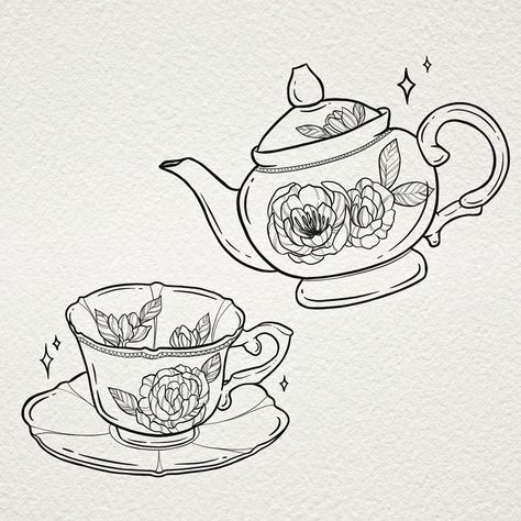 Tattoo matching inspiration of teacup and teapot cute and delicate tattoo art Single Line Teacup Tattoo, Vintage Tea Set Tattoo, Teapot And Teacup Drawing, Teapot Pouring Tea Drawing, Pouring Tea Tattoo, Simple Tea Cup Drawing, Matching Tea Cup Tattoo, Teapot Tattoo Design, Cup Of Tea Tattoo Small