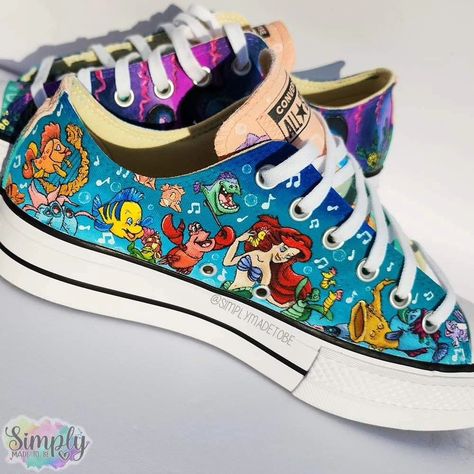 The Little Mermaid customs are done!!! These ones took about 62 hours total to complete. 🧜‍♀️ *These are freehand drawn and painted onto Converse Platform Sneakers. Converse Platform, Little Mermaid, Platform Sneakers, The Little Mermaid, Converse, Mermaid, Sneakers, Quick Saves