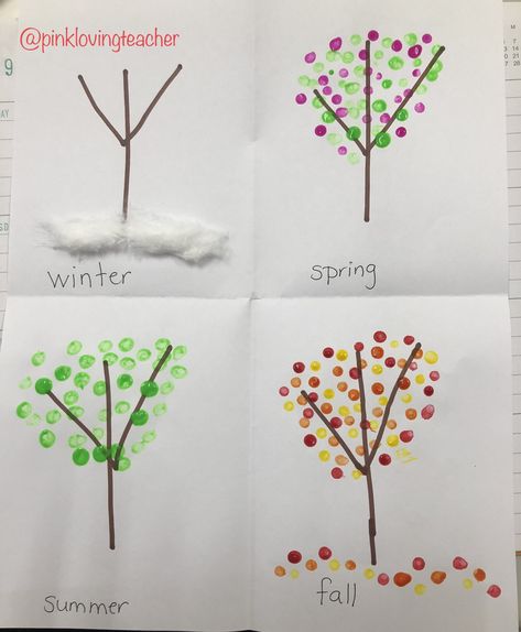 Seasonal trees painting using cotton swabs. Four seasons craft for kids. 4 Season Crafts Preschool, Four Seasons Crafts Preschool, Four Seasons Crafts For Kids, Four Seasons Craft, Curriculum Themes, Season Craft, Seasons Craft, Kindergarten Art Crafts, April Preschool