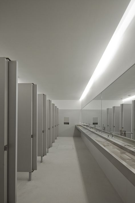 Image 12 of 28 from gallery of Lamego Multi Purpose Pavillion / Barbosa &amp; Guimarães. Photograph by Jose Campos Public Restroom Design, School Restroom, Commercial Bathroom Designs, School Building Design, Wc Design, School Bathroom, Public Toilet, Restroom Design, School Hallways