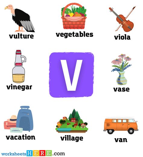 V Words, Words List, Picture Table, Letter V, Word List, Educational Materials, Volcano, Violin, Vocabulary