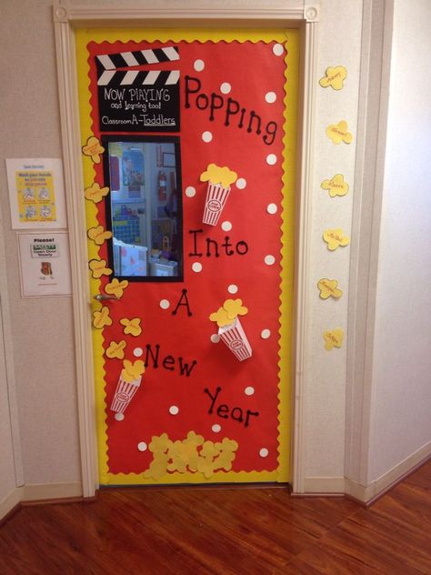 Popcorn classroom door January Classroom Door Ideas For January, New Years Preschool Door Ideas, 2024 Classroom Door, January Daycare Door Ideas, New Year Door Decorations Classroom, New Year Door Decorations For School, New Years Door Decorations Classroom, January Door Ideas For Classroom, Daycare Door Decorations