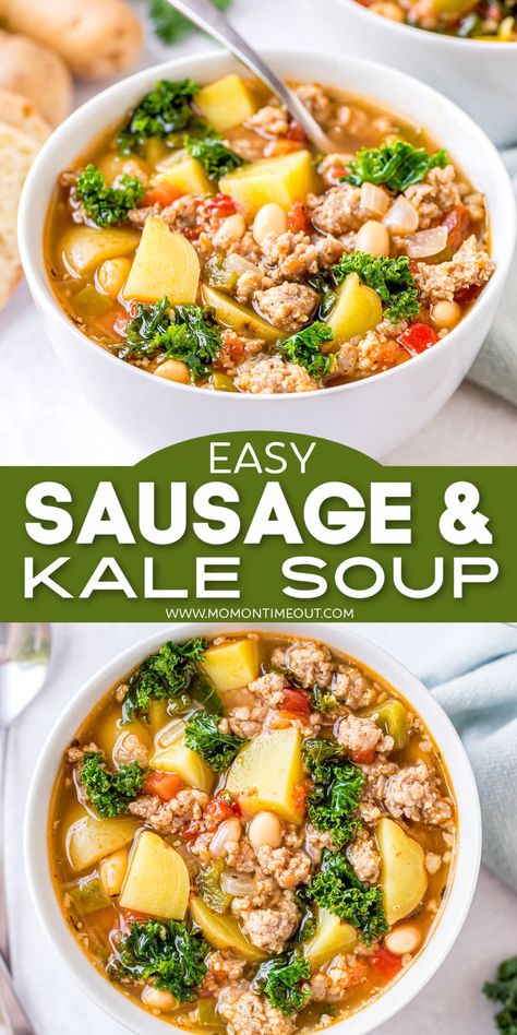 This yummy Sausage Kale Soup recipe is made in one pot and is loaded with sausage, onions, potatoes, white beans and kale! So hearty and delicious! // Mom On Timeout #soup #souprecipes #sausage #potatoes #soups #potatosoup Kale And Bean Soup Healthy, Potato Kale Sausage Soup, Healthy Kale Soup, Kale Soup Crockpot, Soups With Kale, Kale Soup Recipes Healthy, Kale Dinner Recipes, Healthy Crockpot Soups, Potato Sausage Kale Soup