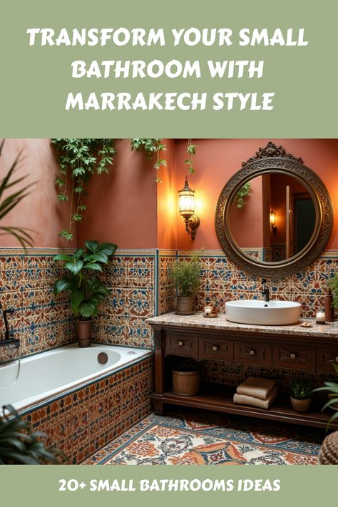 Explore the enchanting Marrakech style to elevate your small bathroom into a vibrant oasis. Discover tips on incorporating colorful tiles, intricate patterns, and exotic decor elements that reflect Moroccan design. Whether you're renovating or just looking to refresh your space, find inspiration for creating a cozy retreat that captures the spirit of Morocco! Small Bathroom Ideas Moroccan Style, Moroccan Style Bathroom Tiles, Small Moroccan Bathroom Ideas, Moroccan Bathroom Ideas, Warm Bathroom Ideas, Moroccan Tile Bathroom, Moroccan Style Bathroom, Bohemian Style Bathroom, Moroccan Inspired Bathroom