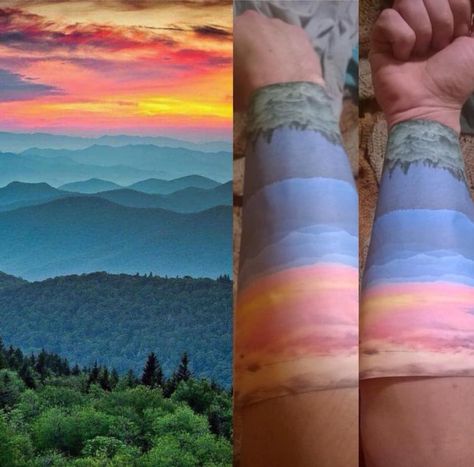 Blue Ridge Mountain Tattoo, Blue Ridge Mountains Tattoo, Thunderbird Tattoo, Sunrise Tattoo, Sunset Tattoo, Sky Tattoos, Sunset Tattoos, Mountains Sunset, Mountain Tattoo