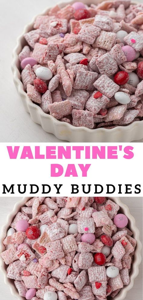 These Valentine’s day muddy buddies are one of the easiest no-bake sweet treats that you can make for Valentine’s day this year. It is crunchy, sweet, packed with M&m’s, and sprinkles, and is so easy on the eyes! This V-day puppy chow is great to munch on or even to use in little gift bags for the holiday too! Easy Valentines Snacks, Puppy Chow Cookies, Valentines Party Food, Valentine Strawberries, Muddy Buddies Recipe, Valentines Recipes Desserts, Valentines Snacks, Puppy Chow Recipes, Valentines Baking