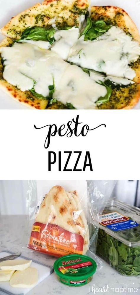 Pesto Mozzarella Pizza, Naan Pizza Recipes Pesto, Naan Pesto Pizza, Pizza With Fresh Mozzarella, Pizza Spinach, Supreme Pizza Recipe, Homade Pizza Recipes, Fun Pizza Recipes, Seafood Pizza Recipes