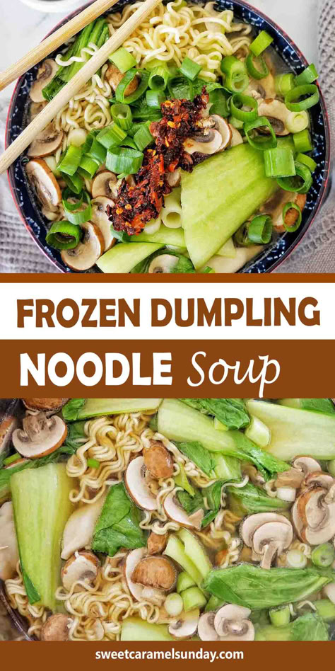 Soup with dumplings and noodles in blue bowl. There is text written between 2 images. Soup With Frozen Dumplings, Frozen Soup Dumplings, Dumpling And Noodle Soup, Chinese Noodle Soup Recipes Easy, Easy Dumpling Soup With Ramen, Dumpling Noodles Recipe, Ramen And Dumpling Soup, Dumpling Noodle Soup Recipe, Dumpling Ramen Soup