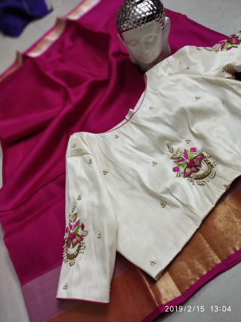 Pink And White Aari Work Blouse, Pink Blouse Embroidery Designs Simple, White Colour Blouse Design, Pink Raw Silk Blouse With Resham Embroidery, Pink Raw Silk Blouse Piece With Motifs, Pink Embroidered Blouse Piece With Silk Thread, White Blouse Designs, Best Blouse Designs, Cutwork Blouse Designs